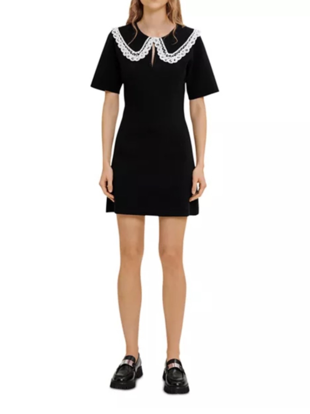 Maje Rimandal Black Knit 100% Cotton Mini Dress 36 Short Sleeve Peter Pan Collar